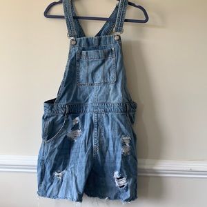 Distressed denim overall shorts